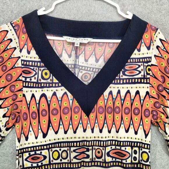 Trina Turk Sheath Dress Womens Size 0 100% Silk Orange Blue Tribal Print Bell - Picture 2 of 12